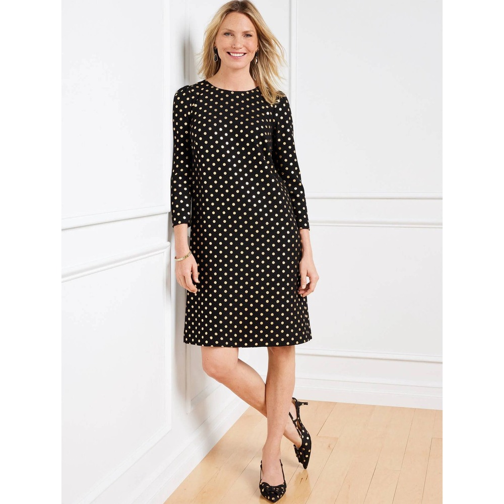 Talbots Black Gold Polka Dot Textured‎ Midi Dress Keyhole Back Size 16
